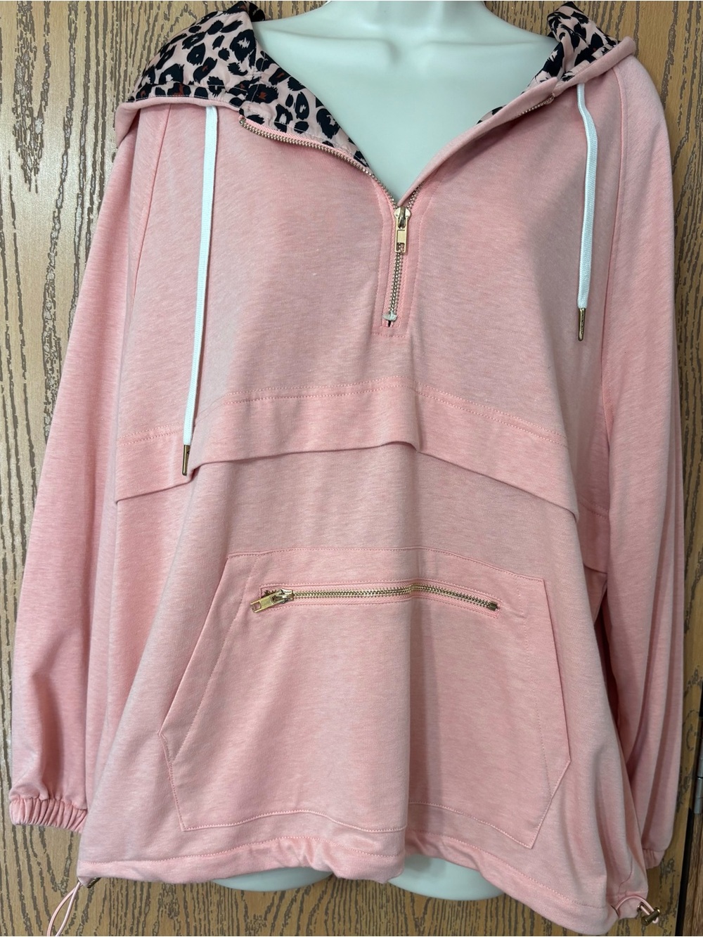 Women's Pink Hooded Pullover with Leopard Trim - Lightweight Quarter-Zip